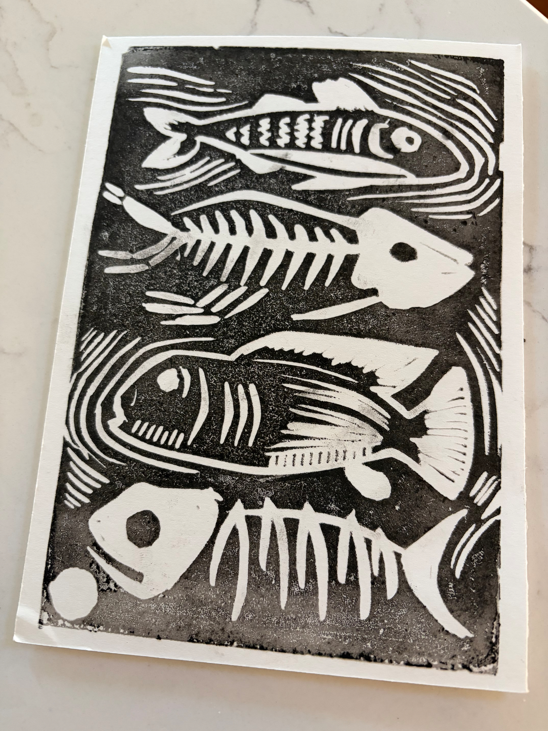 In a top to bottom series, a group of black and white fish lie, some merely carcasses 