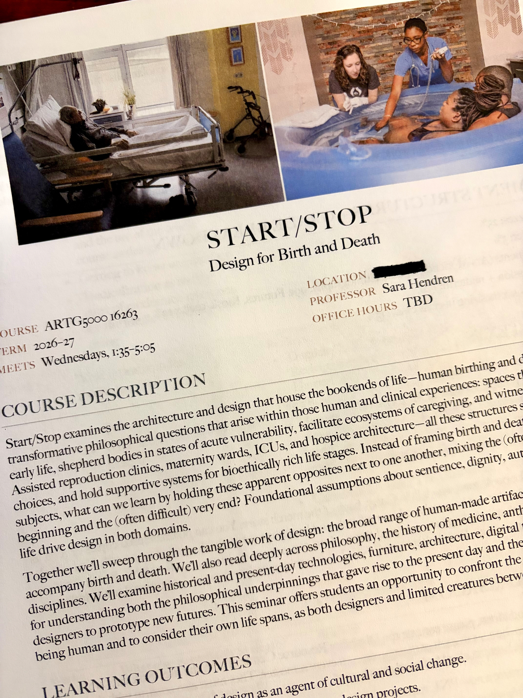 The first page of the syllabus for my classes called Start/Stop: Design for Birth and Death