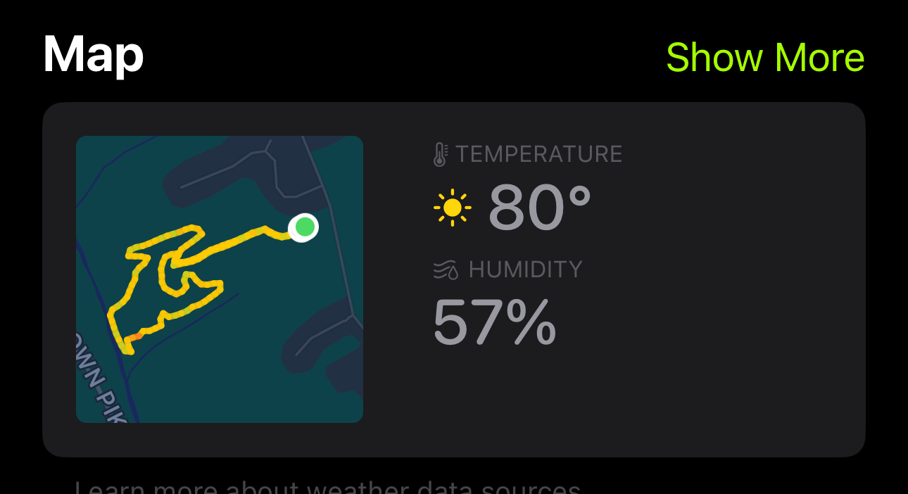 Map view of hike from Apple's Fitness App