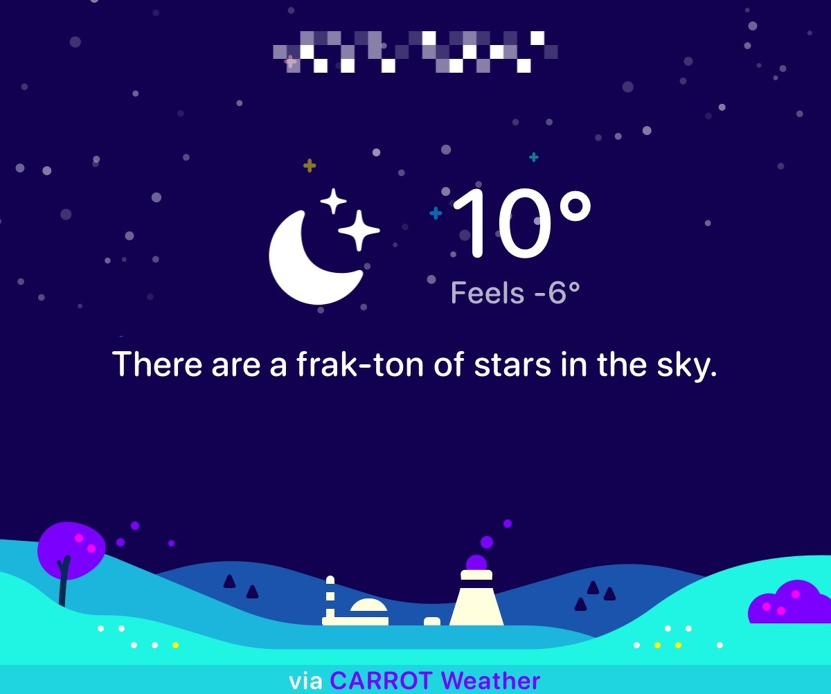 A weather app interface displays a temperature of 10° with a feels-like temperature of -6°, against a starry night sky scene.