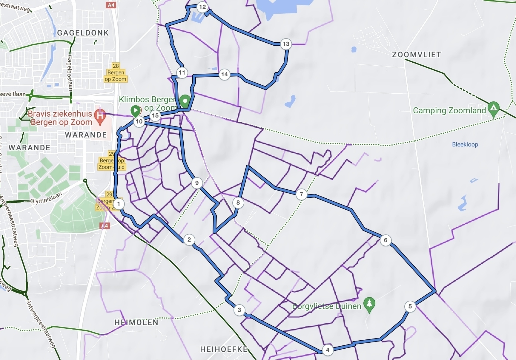 Een kaart met een netwerk van onderling verbonden routes en paden met genummerde markeringen in een specifiek gebied.