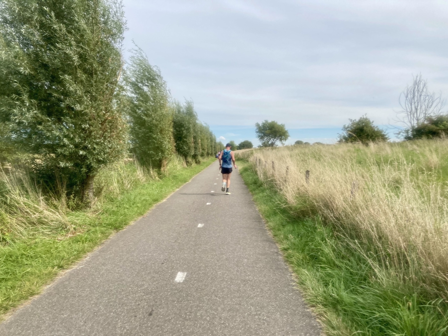 Een persoon met een rugzak loopt op een verhard pad omringd door bomen en hoog gras onder een bewolkte hemel.