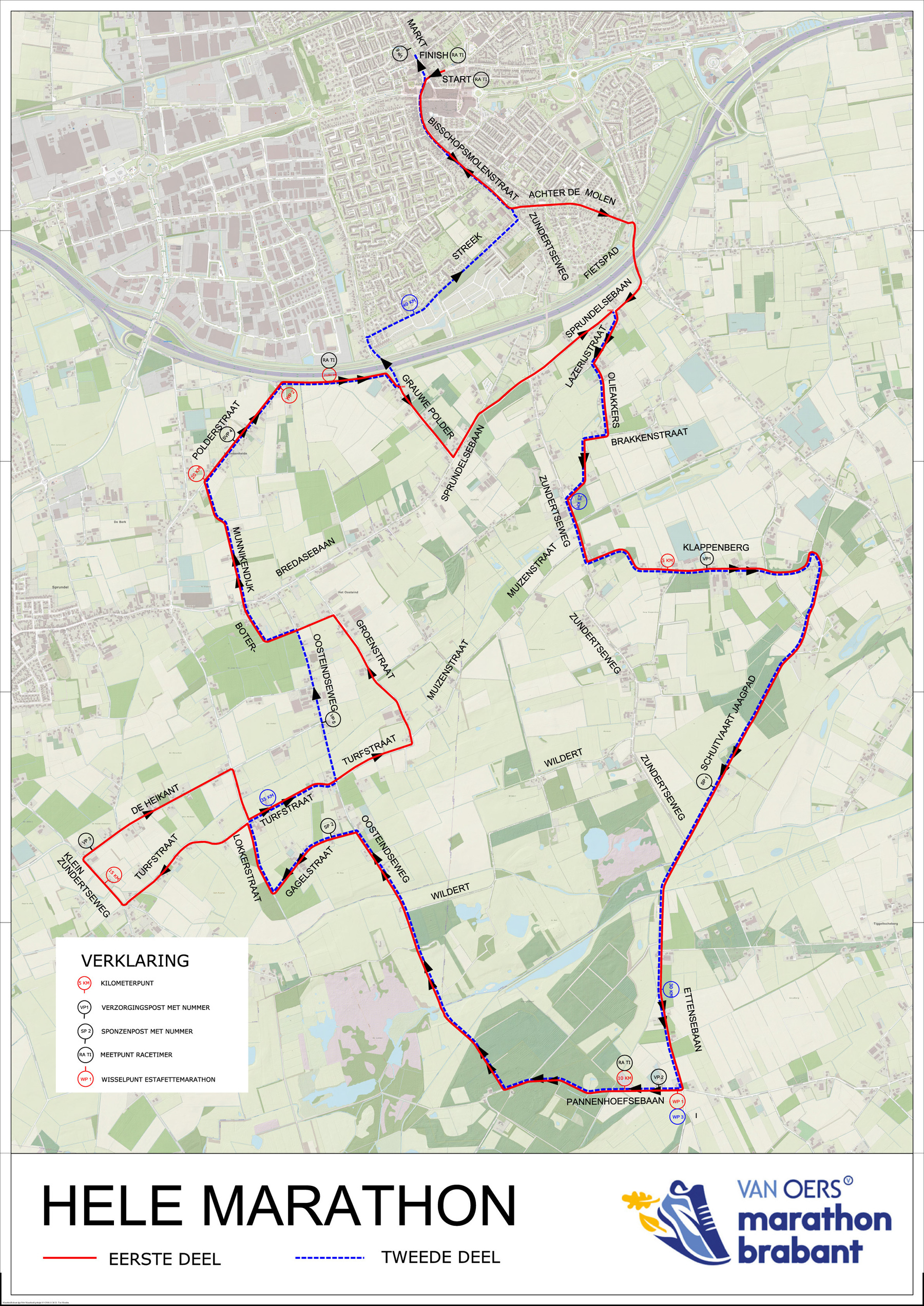 Een gedetailleerde kaart schetst de route van de marathon van Etten-Leur, met controleposten en een verdeling in twee secties.