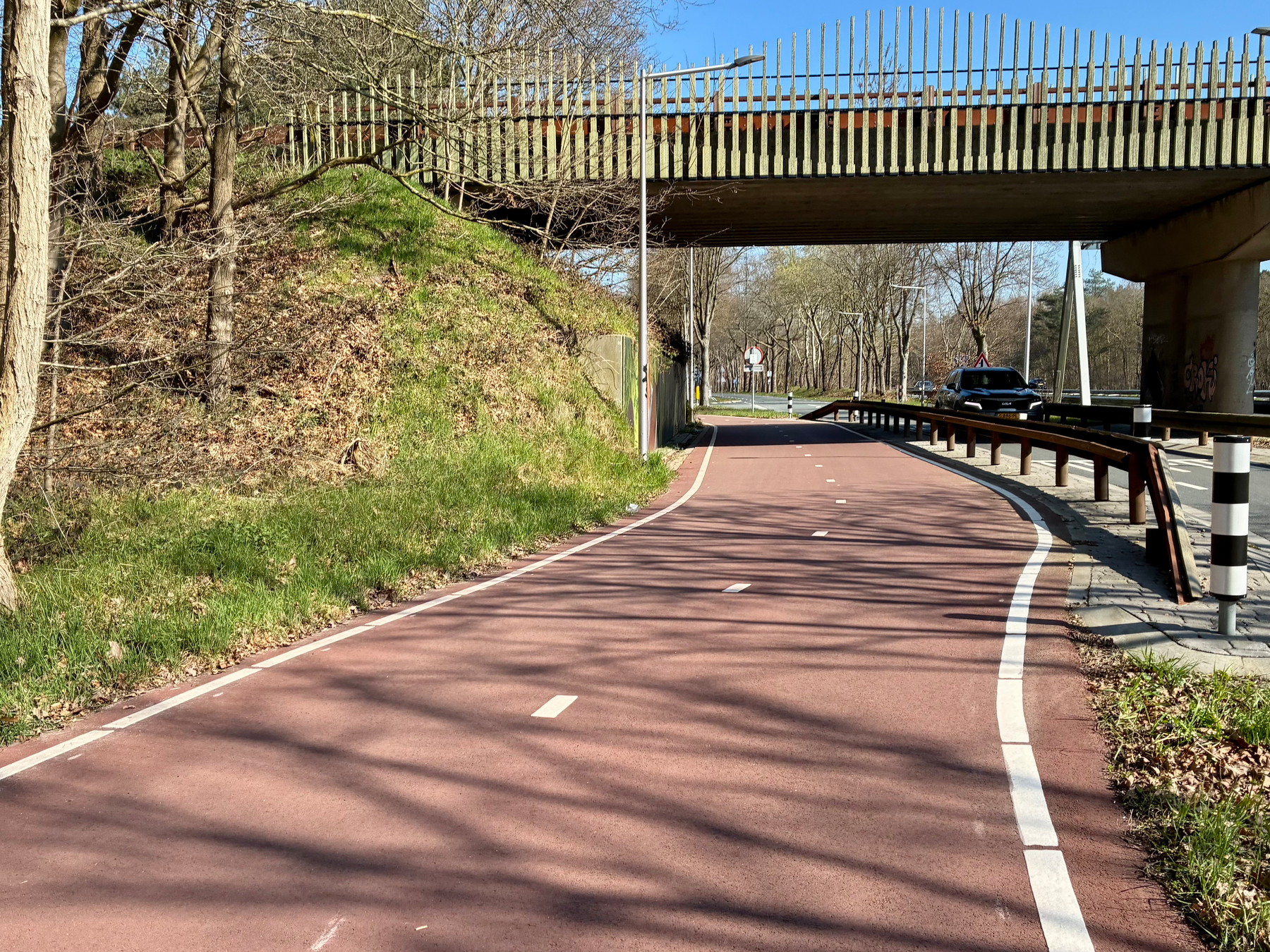 Een rood fietspad loopt onder een brug, geflankeerd door gras en bomen, met een weg en een auto aan de rechterkant.