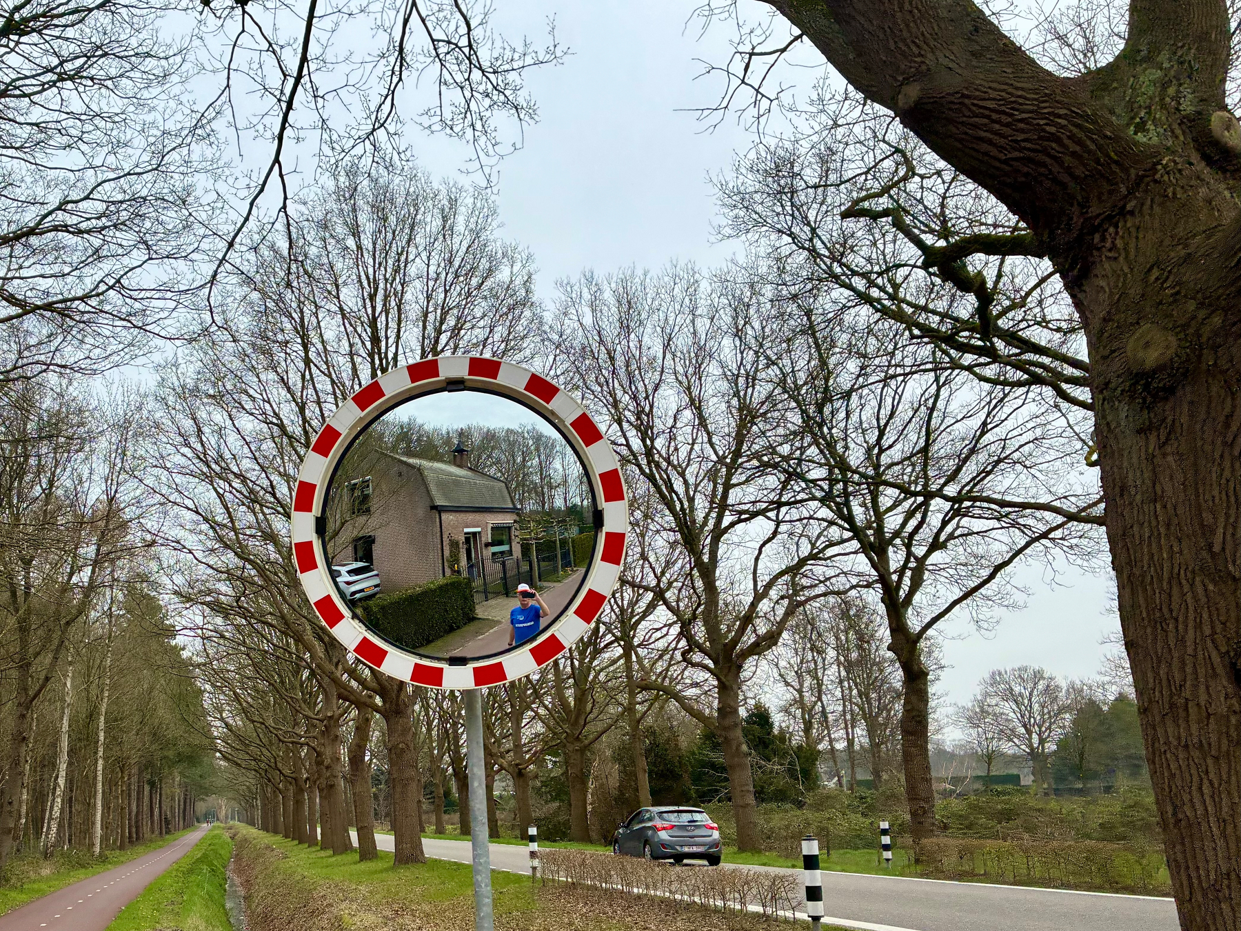 Een convexe verkeersspiegel weerspiegelt een persoon en een gebouw langs een met bomen omzoomde weg.