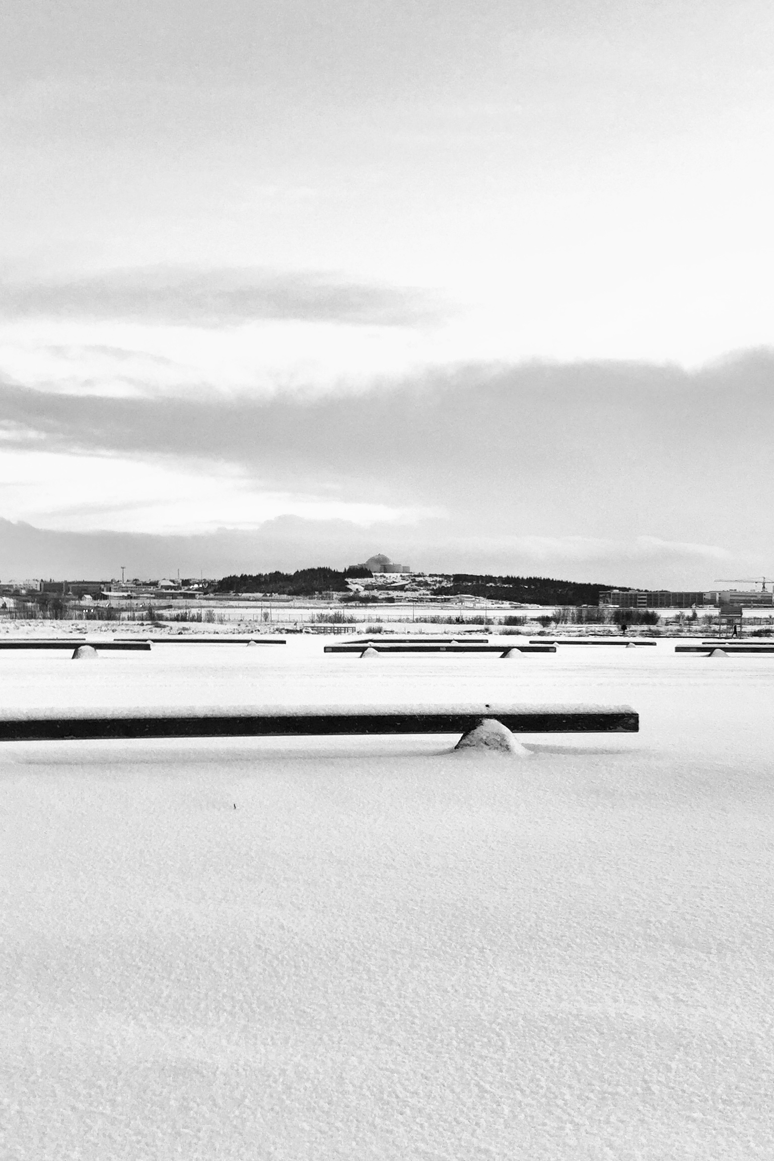 A photograph of the view surrounding the University of Iceland with the Pearl on Öskjuhlíðin hill in the distance.