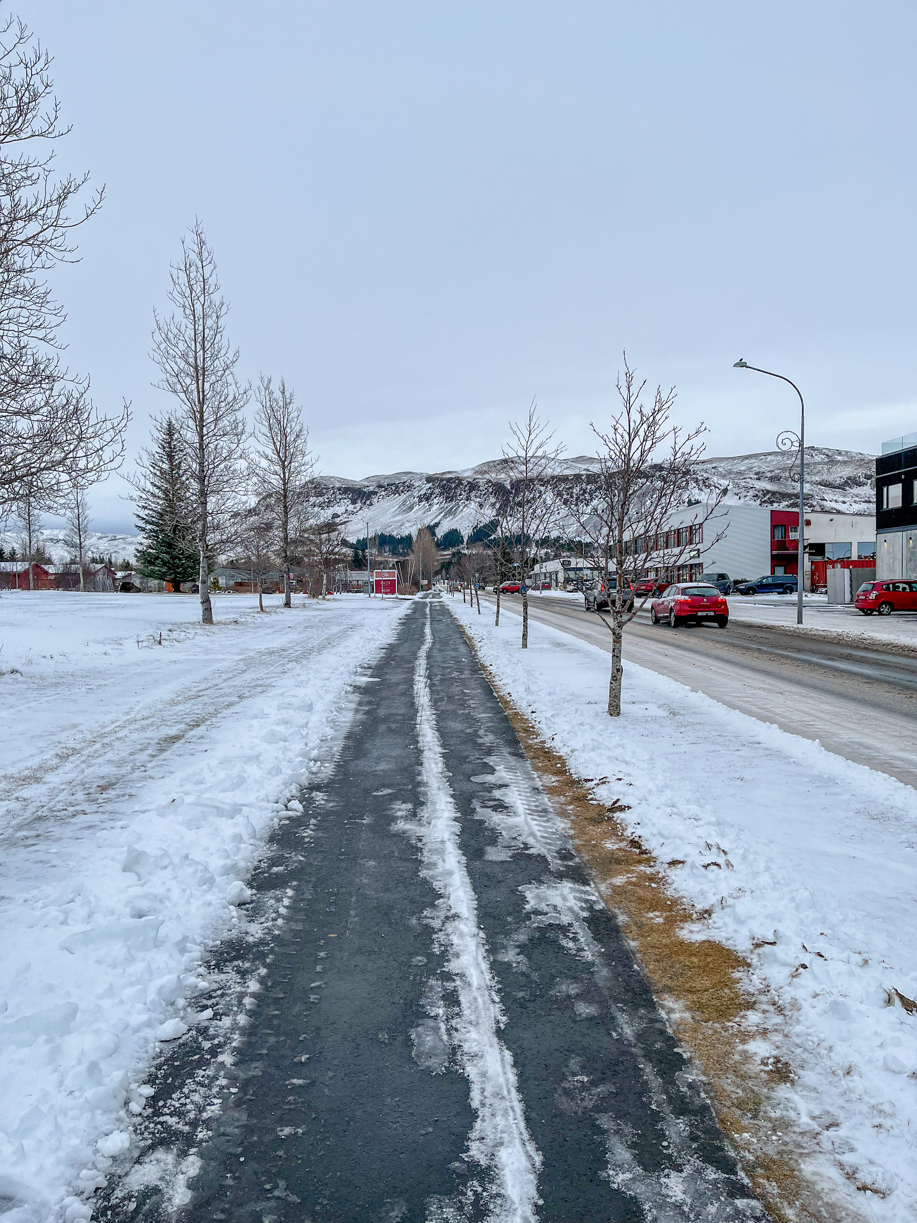 A view down Hveragerði’s main road. Snow all over