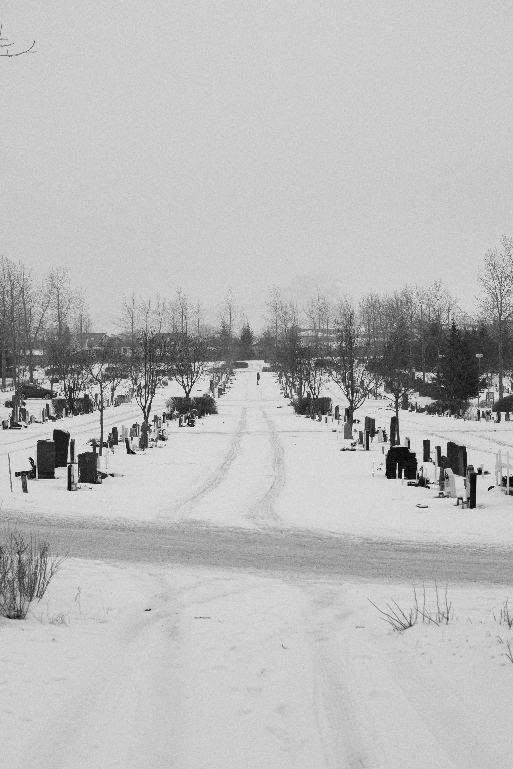 A view over a snow-covered cemetery. A person can be seen in the distance. 