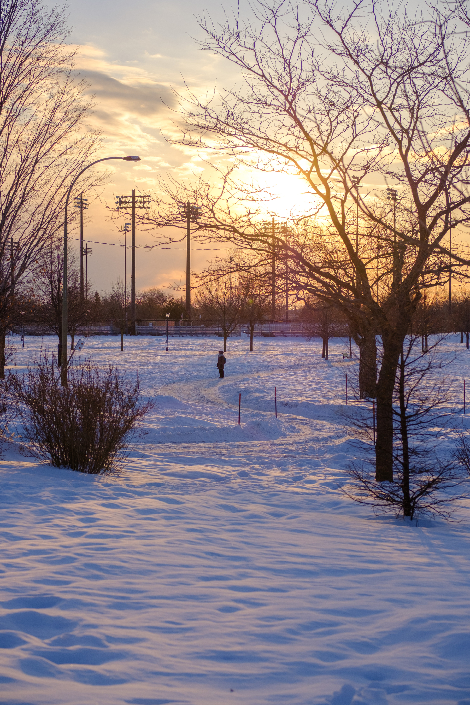Parc Jarry is covered with snow. A person is walking along the path as the sun sets behind them. The snow is blueish. The sky is yellow.