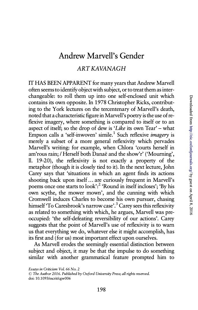 First page of my essay, Andrew Marvell’s Gender, including the passage quoted in the immediately preceding paragraph