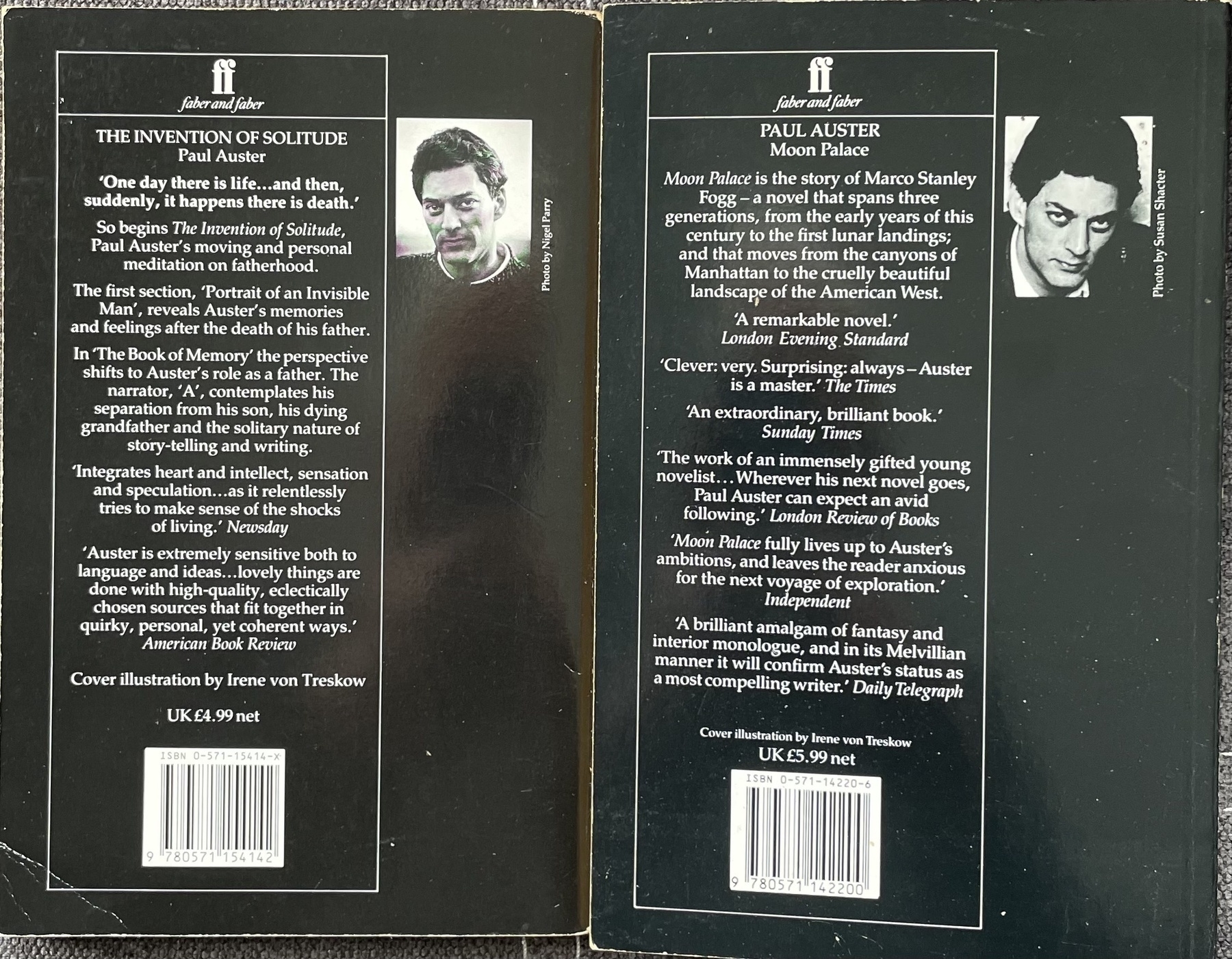 Back covers of two Faber paperbacks of books by Paul Auster, The Invention of Solitude and Moon Palace. The description of the latter reads: Moon Palace is the story of Marco Stanley Fogg — a novel that spans three generations, from the early years of this [the twentieth] century to the first lunar landings; and that moves from the canyons of Manhattan to the cruelly beautiful landscape of the American West.