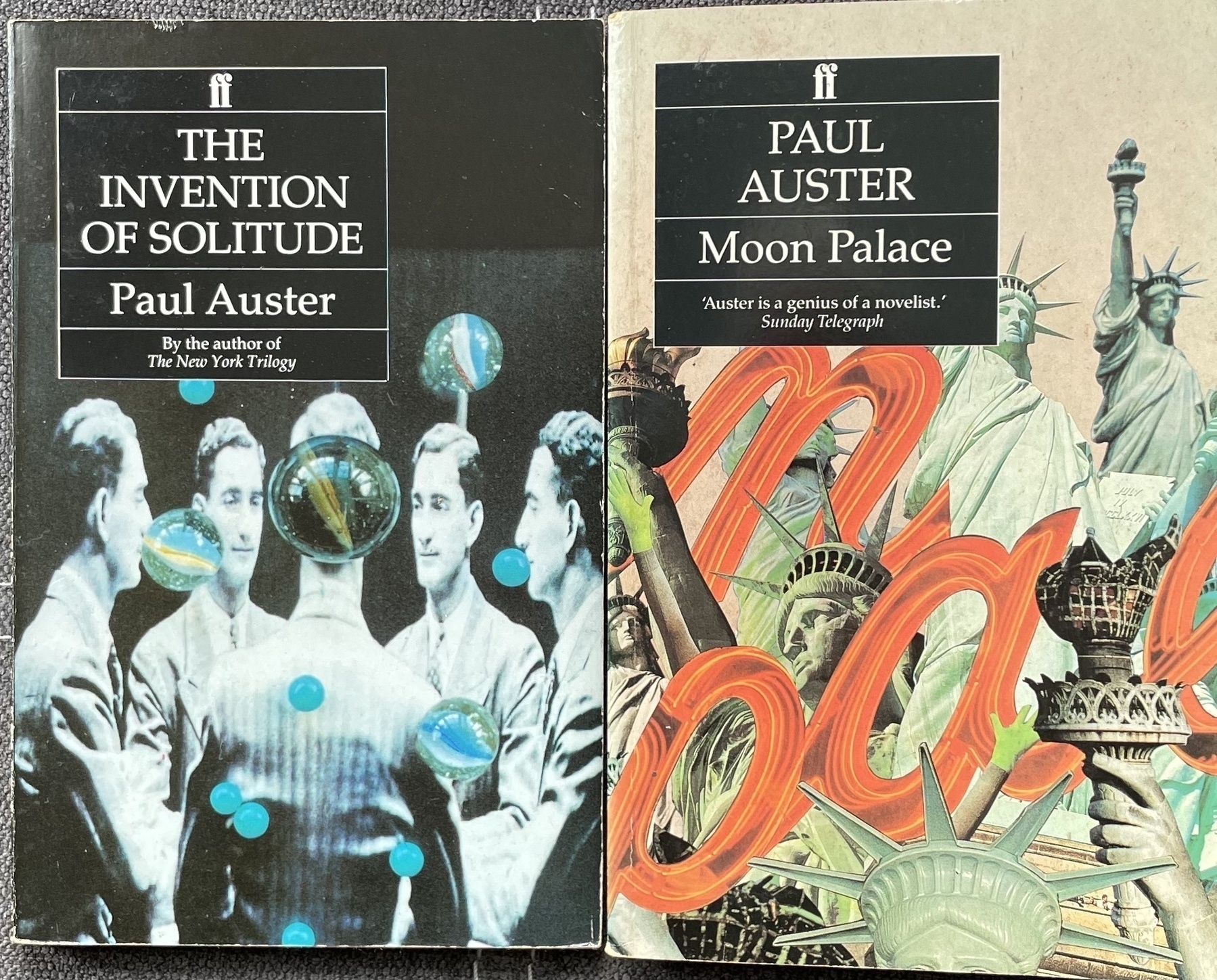 Front covers of two books by Paul Auster, The Invention of Solitude and Moon Palace