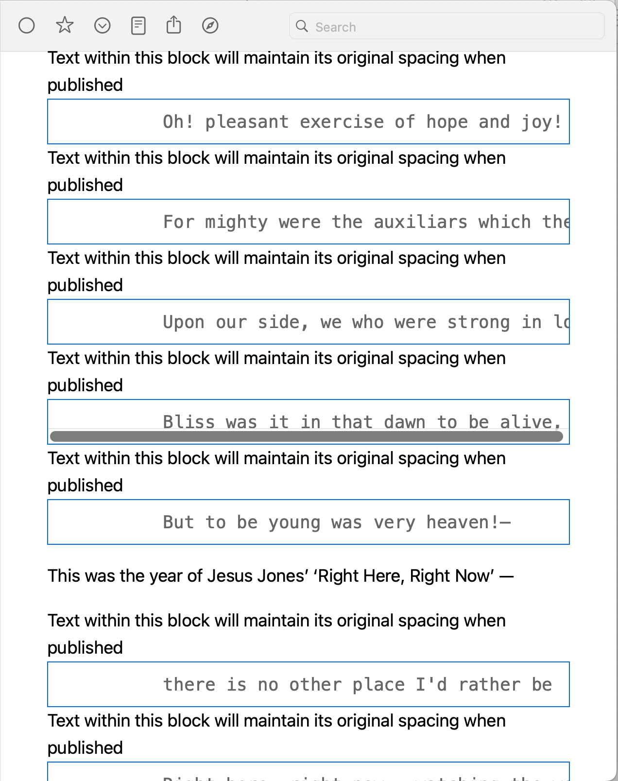 Screenshot of a feed reader displaying some lines of poetry by Wordsworth. Each line is in a separate box with blue borders and some of them overflow the box on the right-hand side. In between each box are the words “Text within this block will maintain its original spacing when published”.