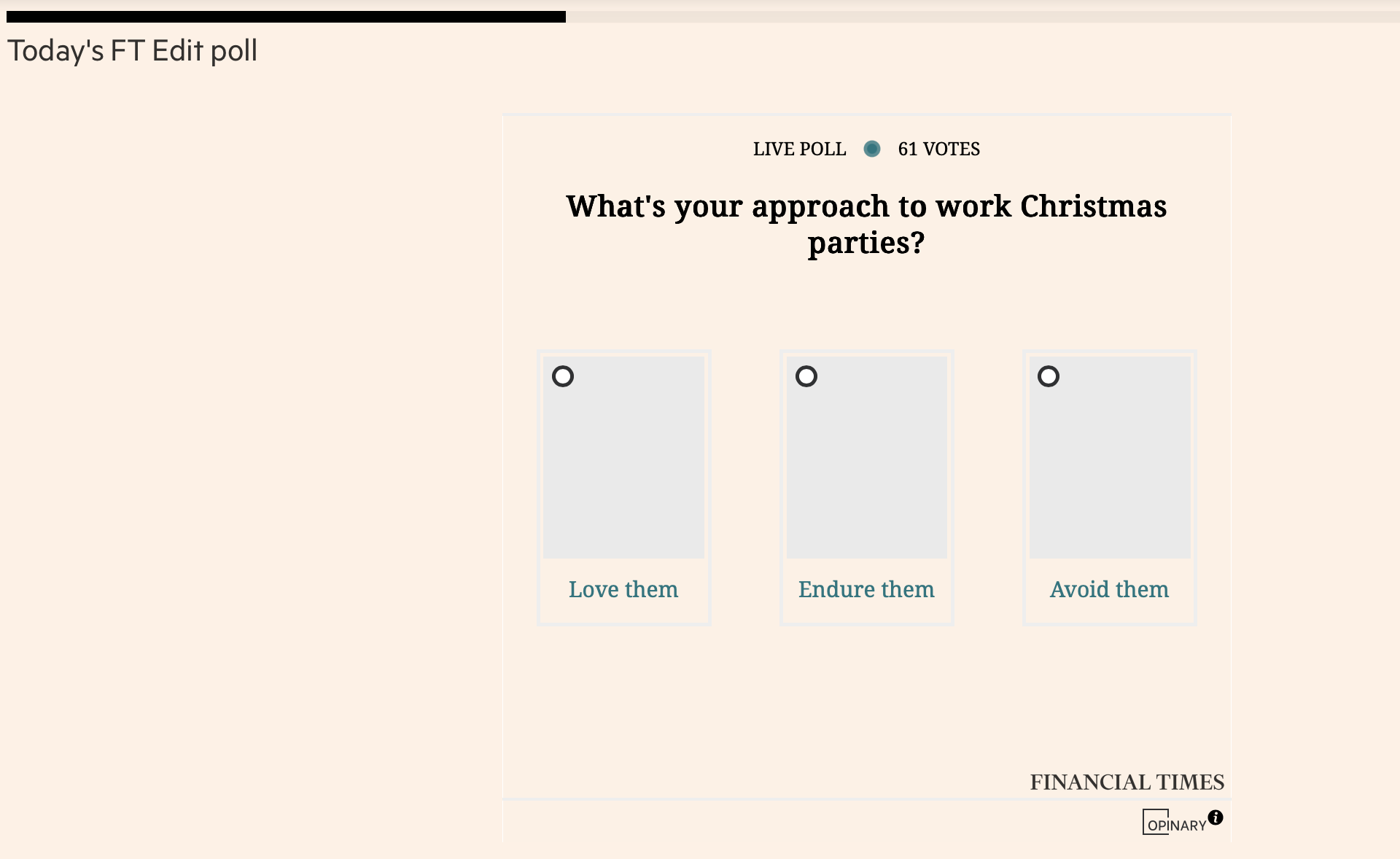 FT Edit poll on work Christmas parties, showing three options: Love them, Endure them, Avoid them.