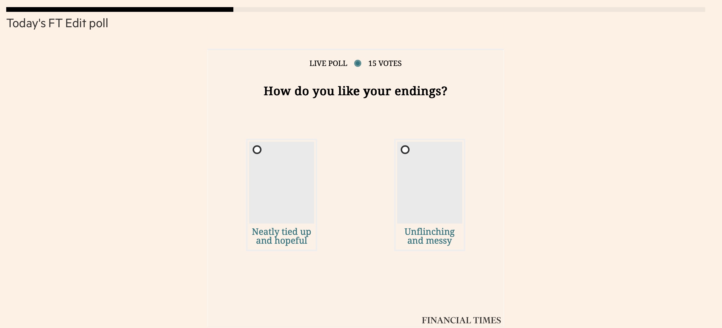 FT-Edit poll asking “How do you like your endings — Neatly tied up and hopeful or Unflinching and messy?