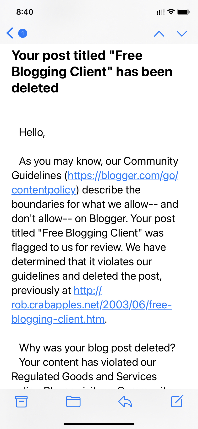 Google notice that I’ve broken Blogger posting rules, 20 years after the post was created.