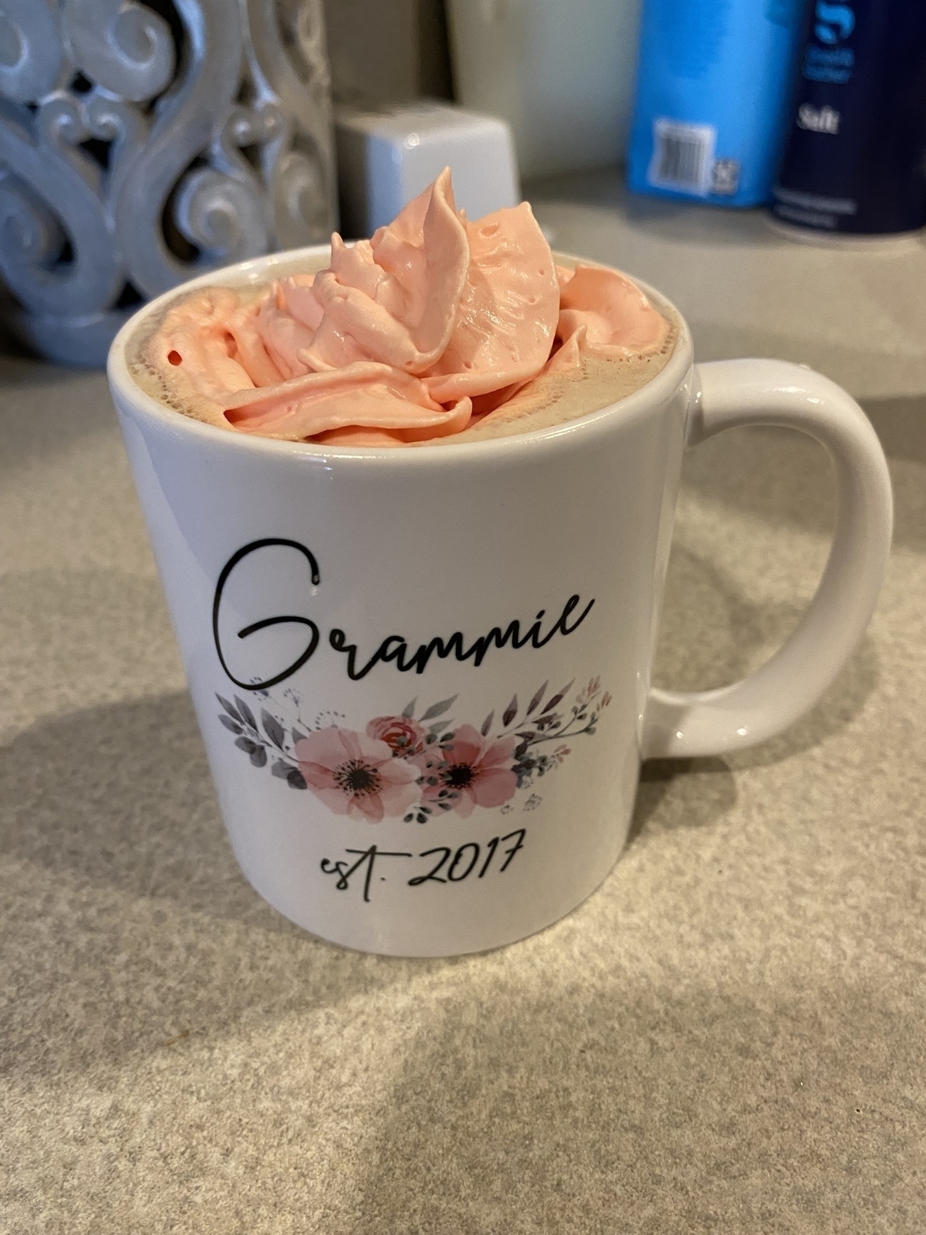 Picture of a coffee mug that says Grammie on it. It’s a mocha with peppermint whipped cream!