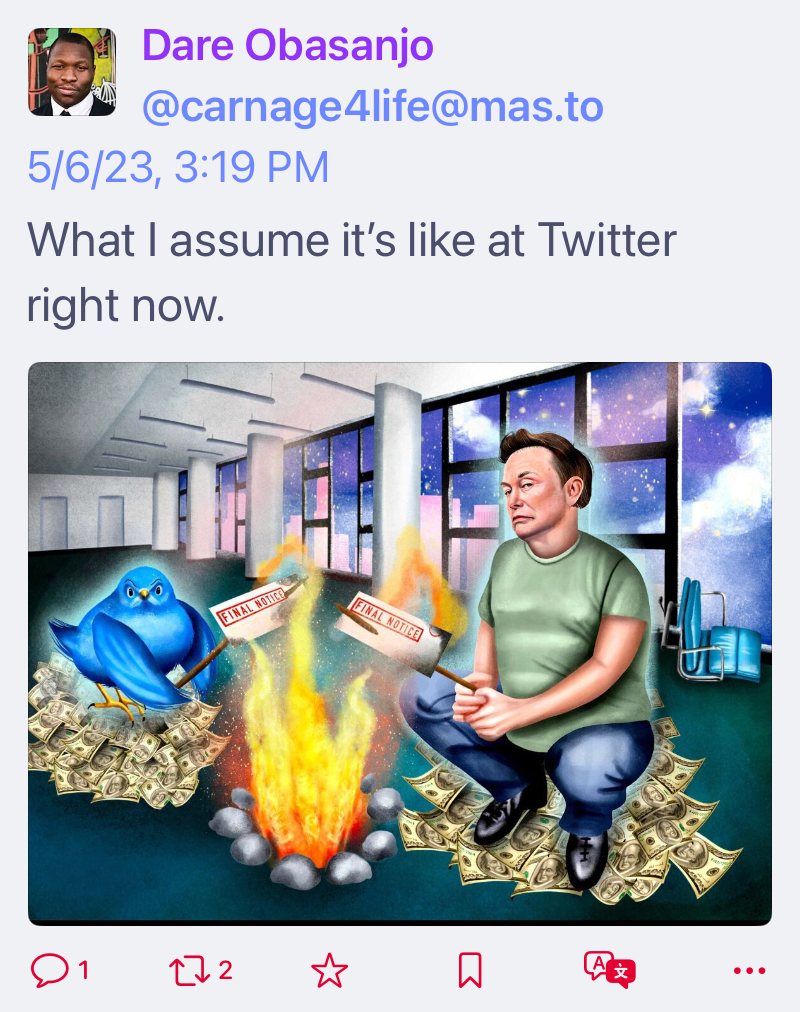 Elon Musk and a Twitter bird burning bills in Twitter Corporate offices