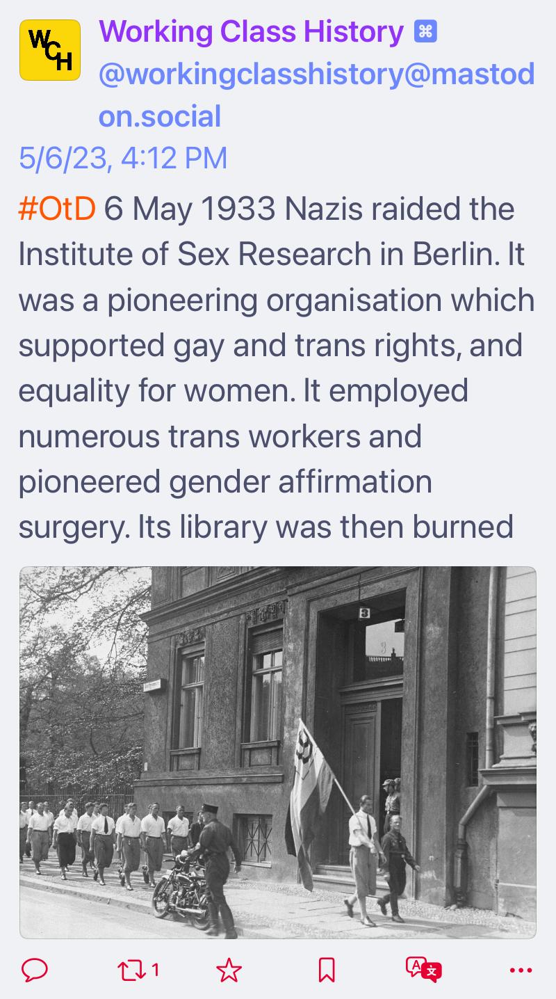 Picture of a Mastodon post from Working Class History pointing out how Nazis treated LGBTQ+ folks. TL;DR it wasn’t good.