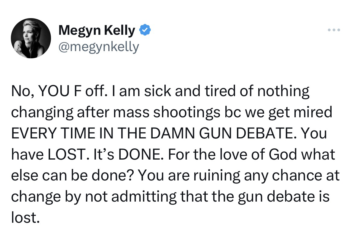 Horrible take on weapons of war from Megyn Kelley. Not a surprise. Just disgusting.