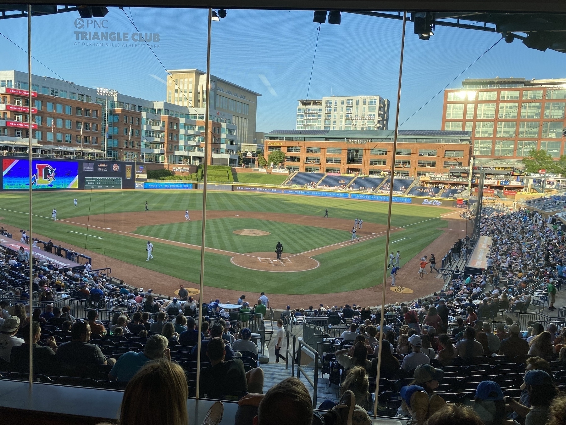 Picture of the Durham Bulls Stadium from behind home plate.