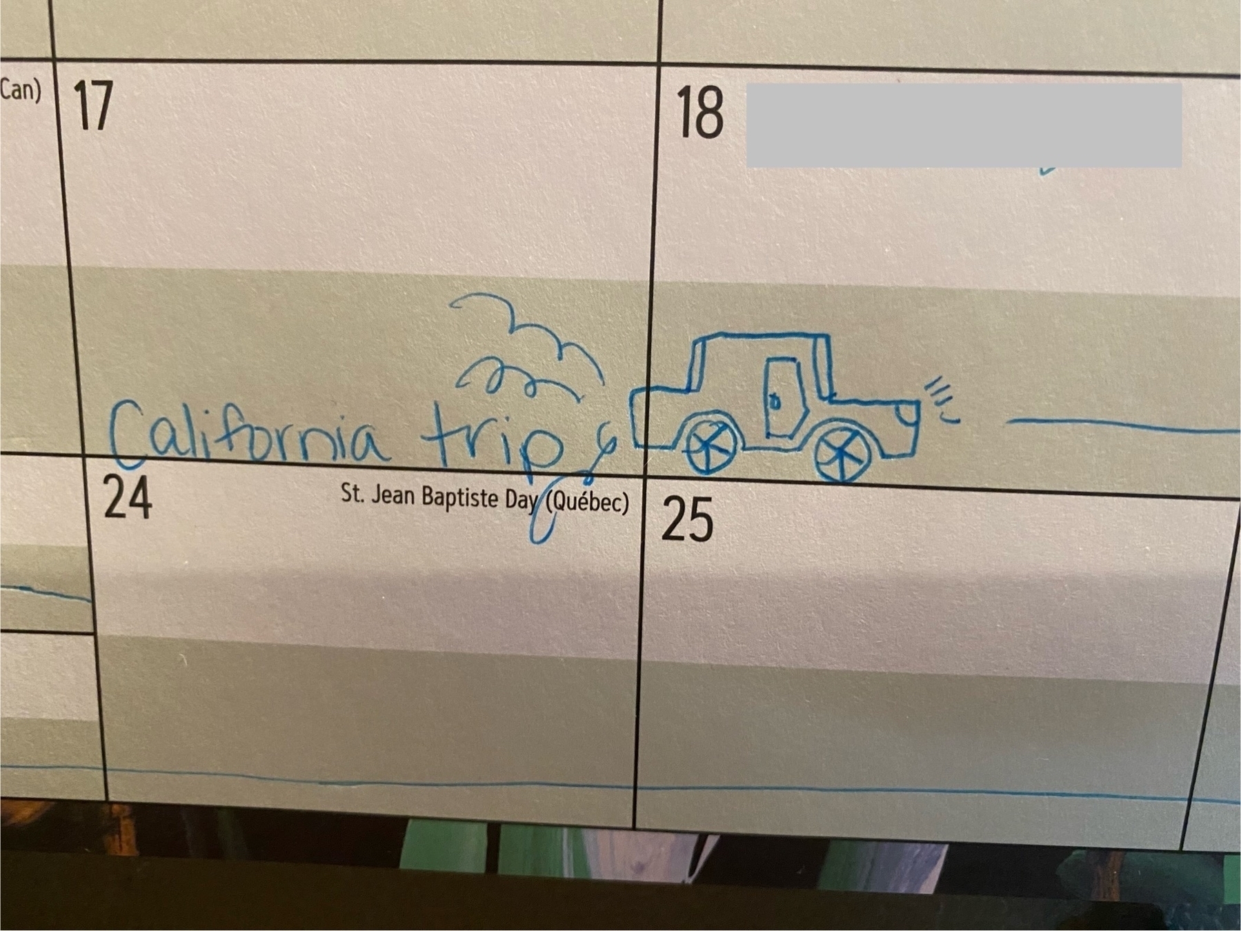 A hand drawn car on a calendar with swooshes behind it indicating it moving forward with the words California Trip written behind it.