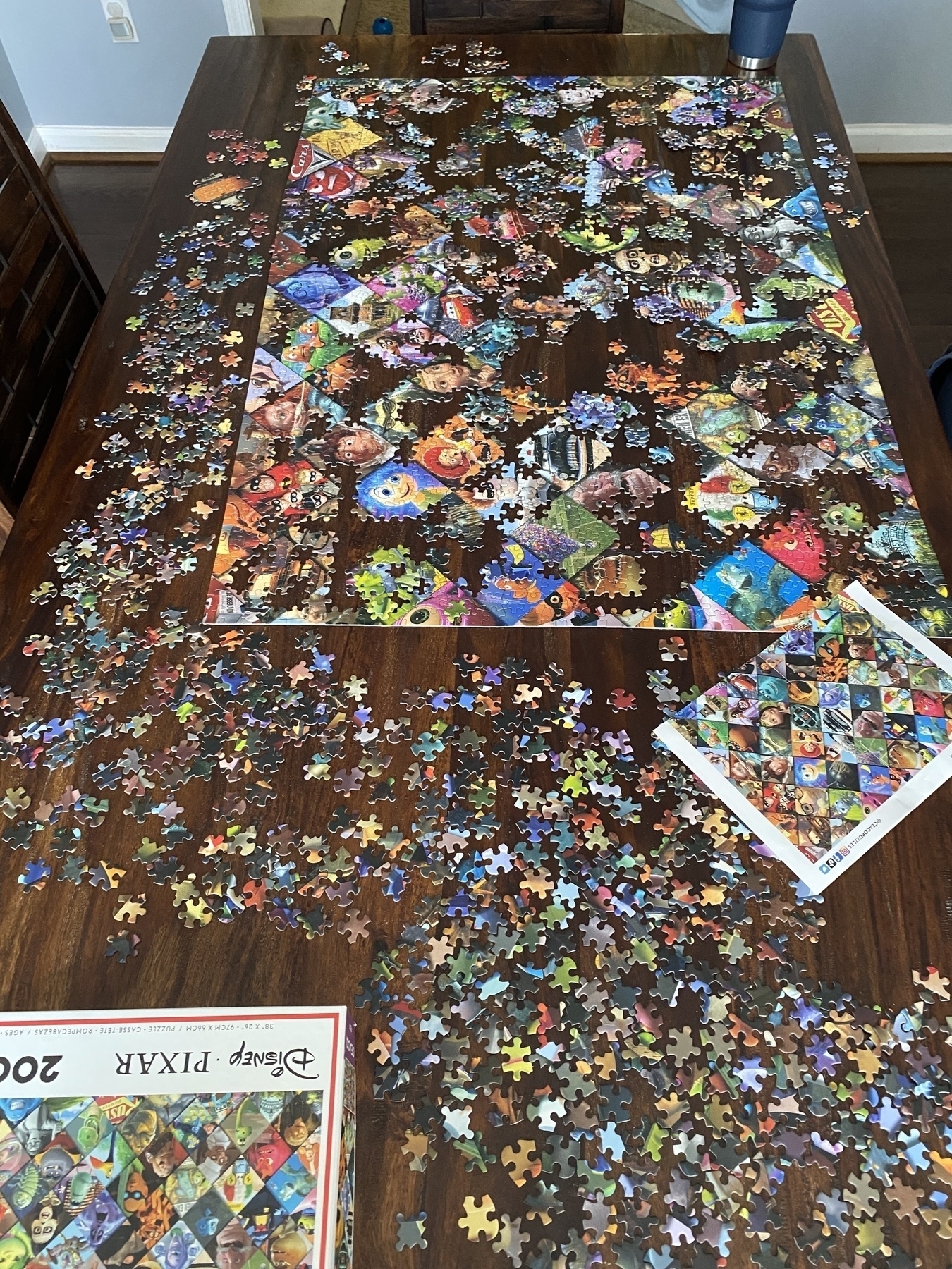A picture of an unfinished puzzle sitting on our kitchen table.