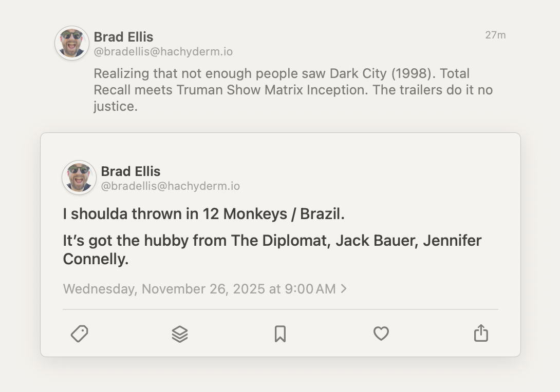 Screenshot of Reeder displaying a reply to a Mastodon post. It creates a sort of history by displaying the comment you're replying to in a muted, smaller, post above your comment. It's a beautifully designed user experience.