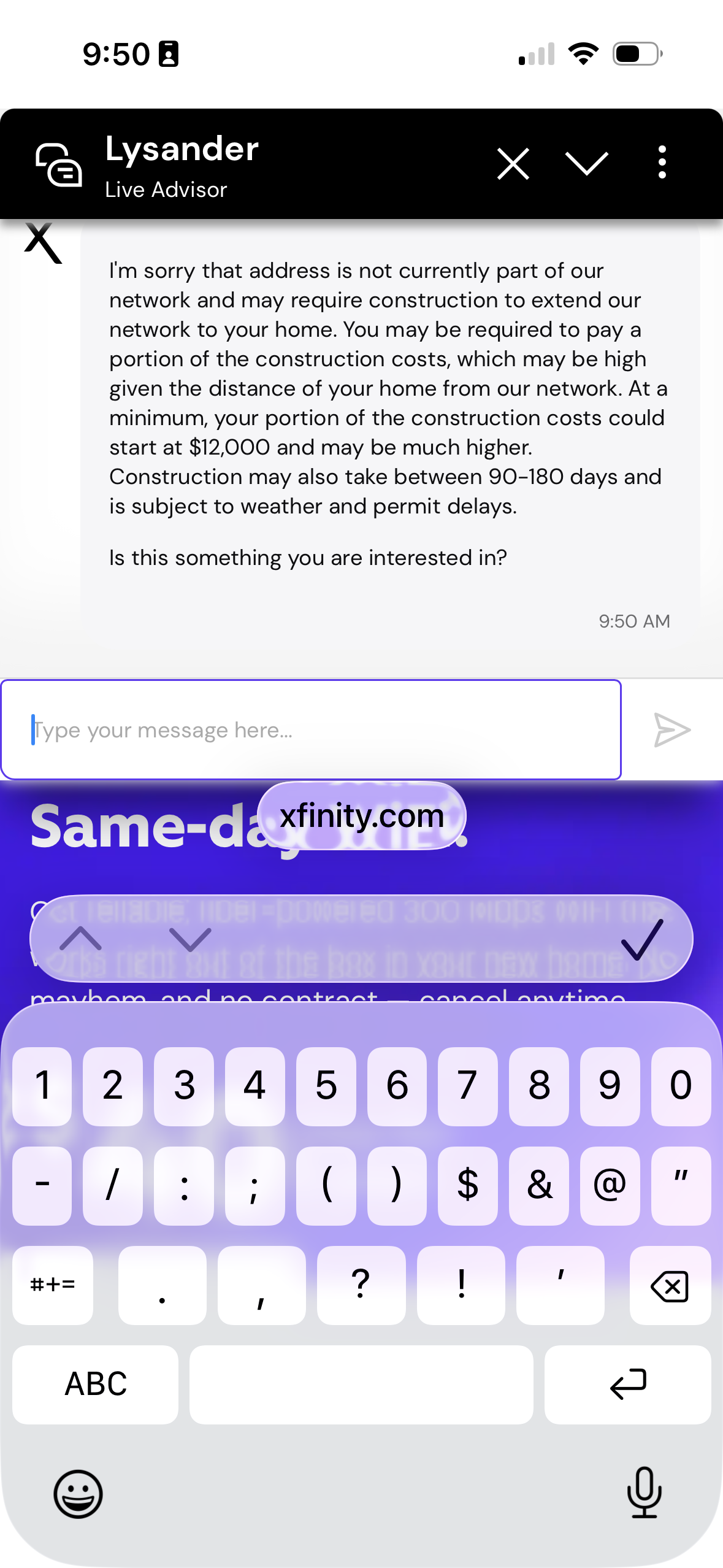 Reply from Xfinity about getting service in our area.