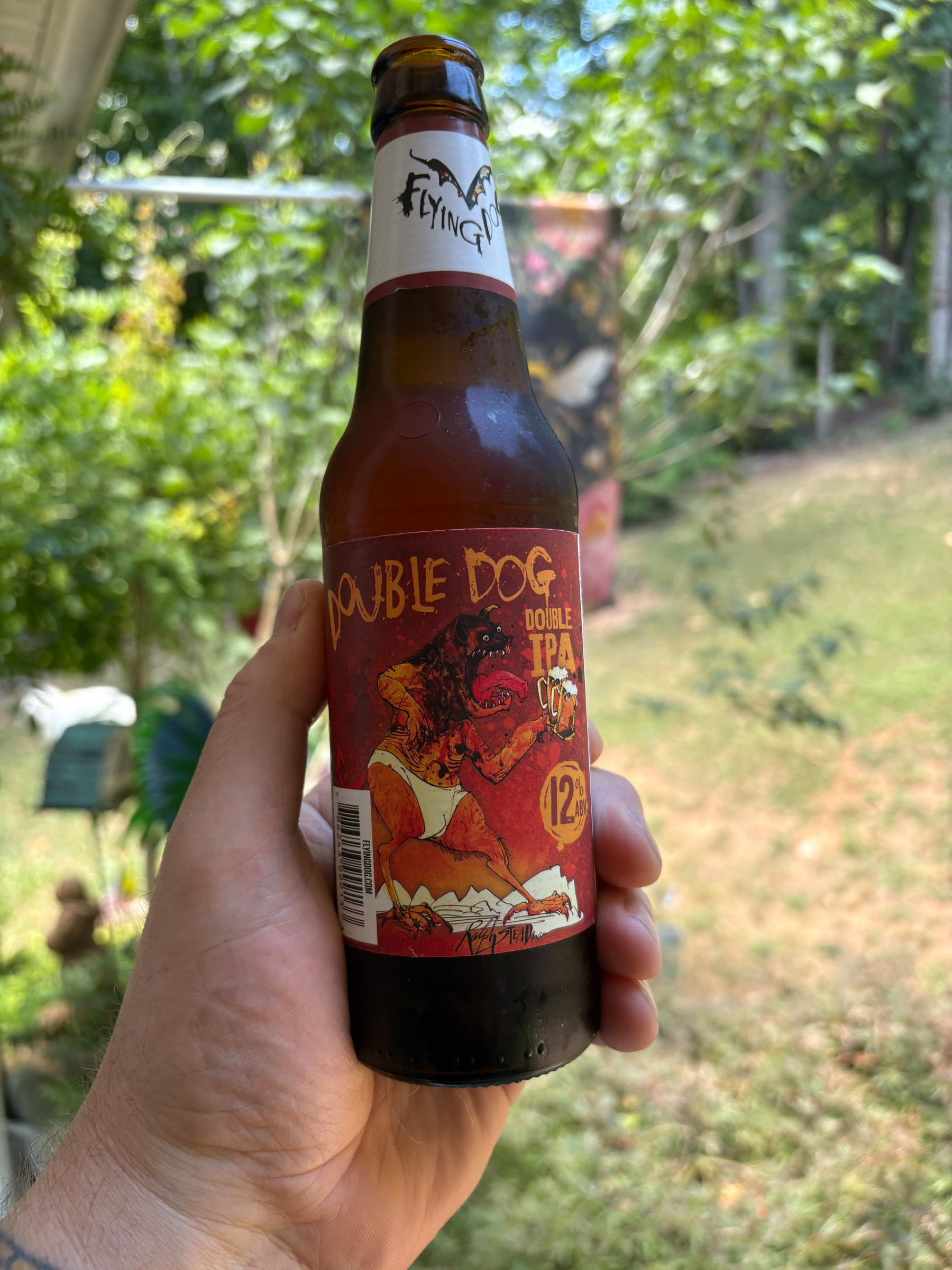 Picture of a Flying Dog Double Dog IPA with a flag and some vegetation in the background.