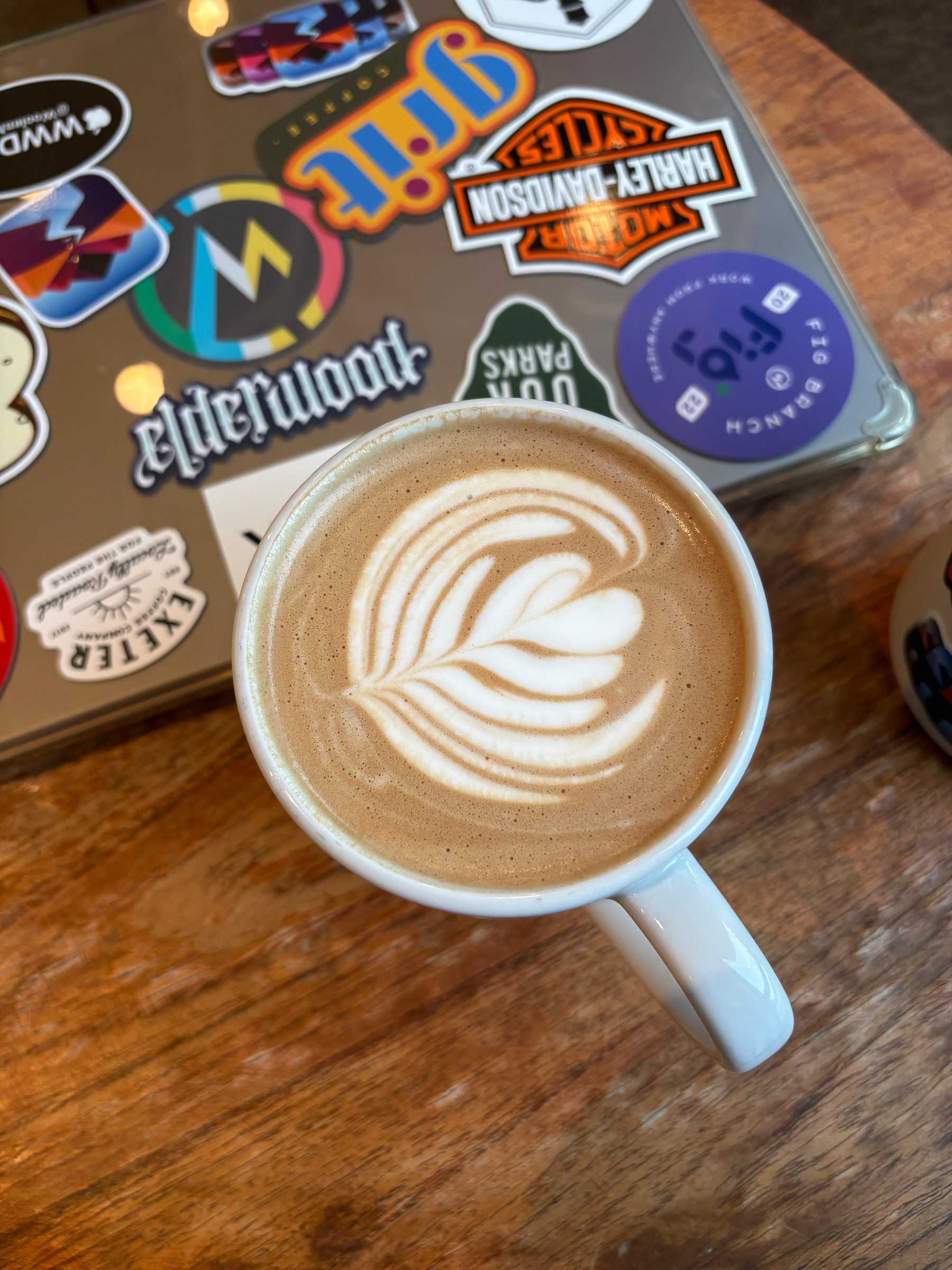 Picture of the lovely foam art on my mocha with my laptop in the background.