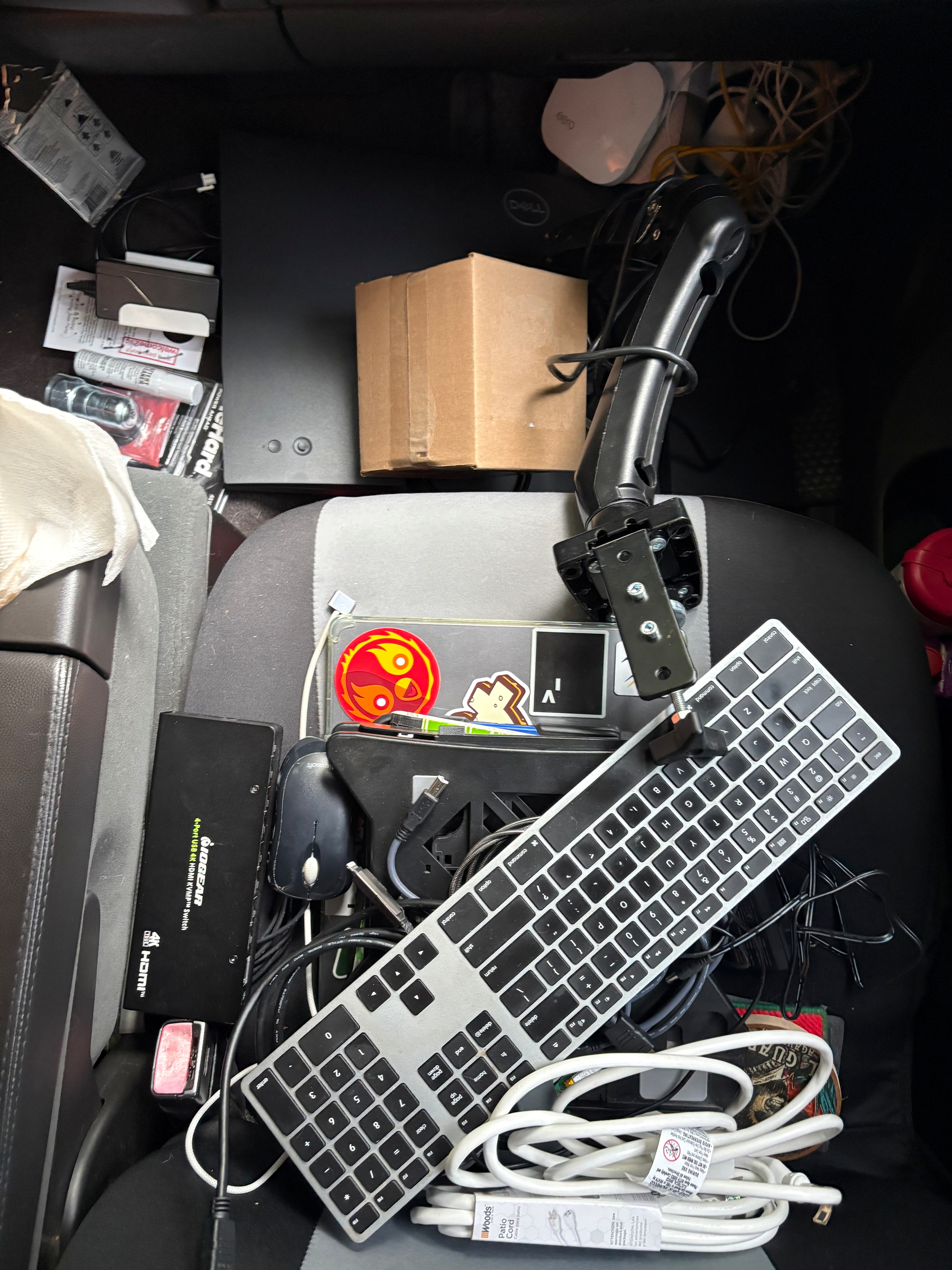 Picture of my computer equipment in the front seat and floorboard of my truck.