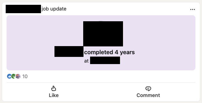 Screenshot of a LinkedIn post congratulating a friend on their work anniversary. That friend died five days ago.
