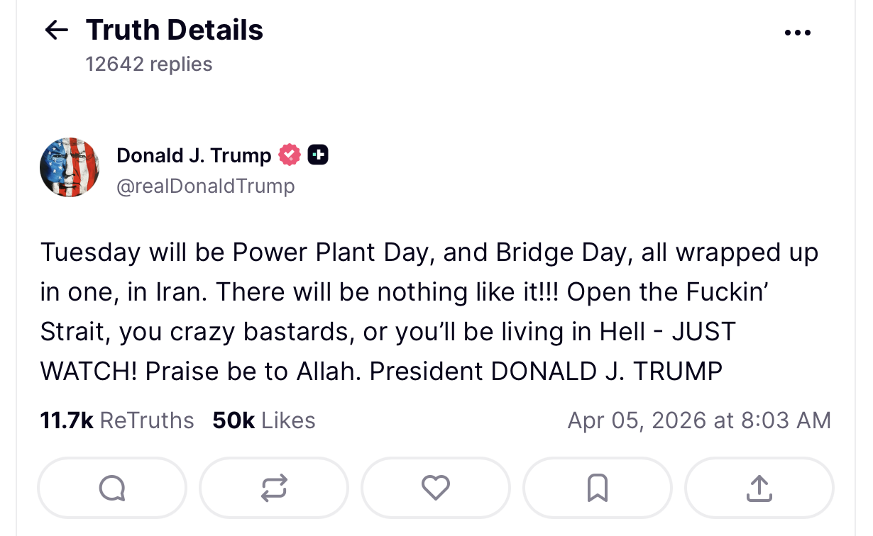 Trump Easter 2026 rant to Iran.