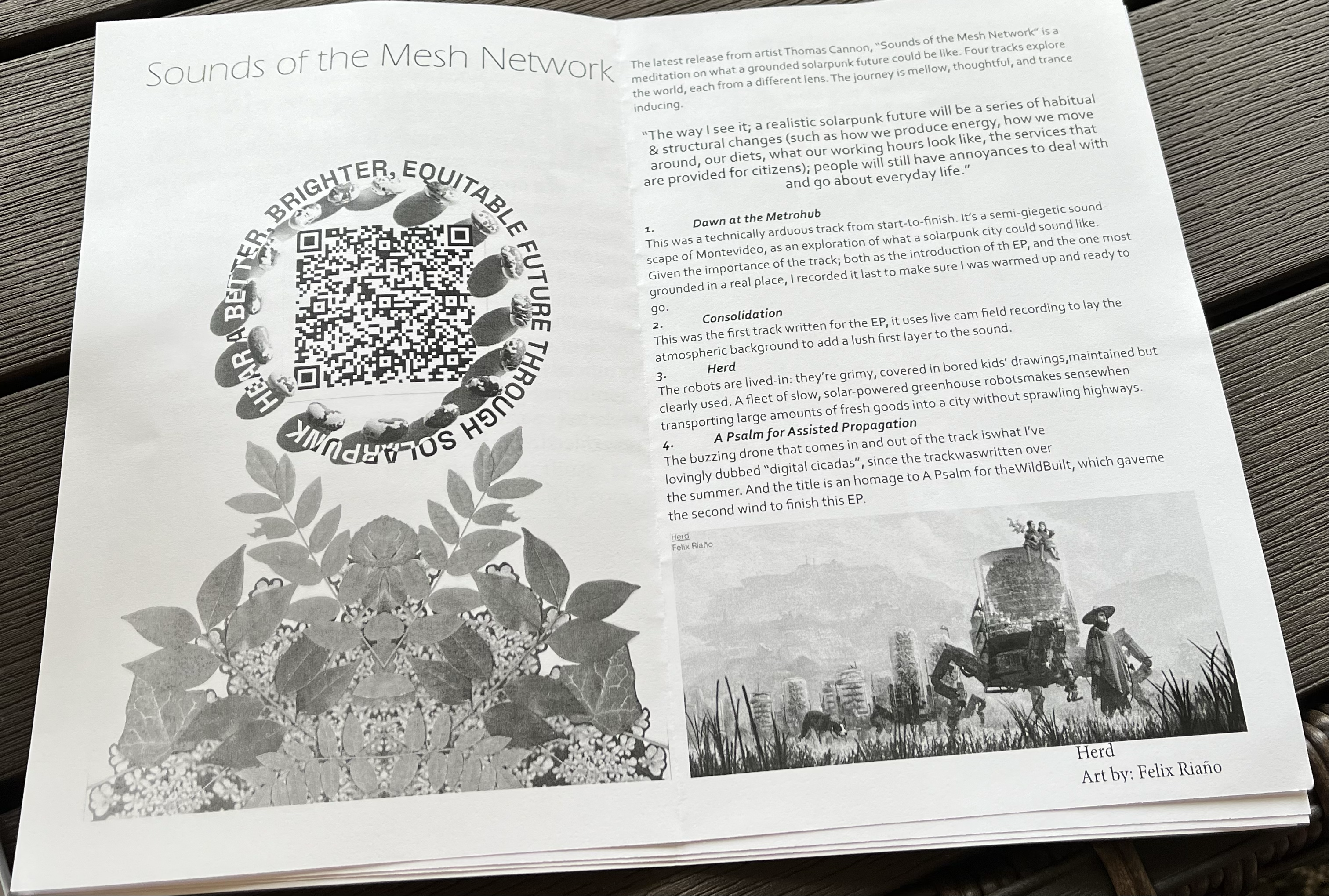 A spread of Mesh Network inside Em Blitstein's zine; which includes some comments from the liner notes and a promotional poster I've been working on for the album
