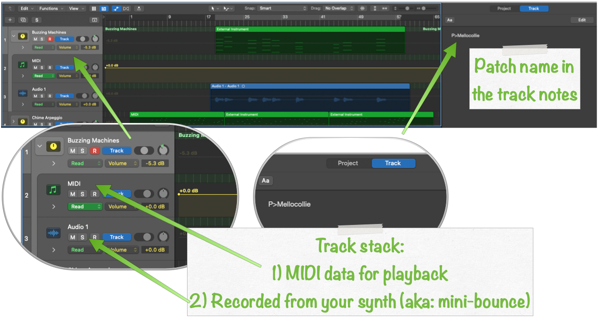 A screenshot explaining how to organize analog synths: with a descriptive track stack that contains the MIDI data, the final recording from the synth, and your patch name in the track notes