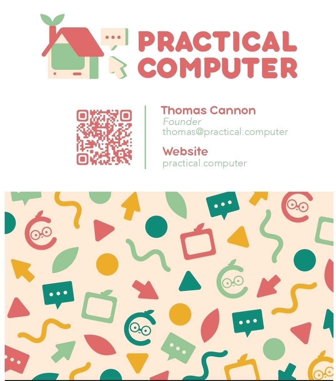 Business card design for Practical Computer; with our logo, my contact info, and a patterned background made of various brand elements.