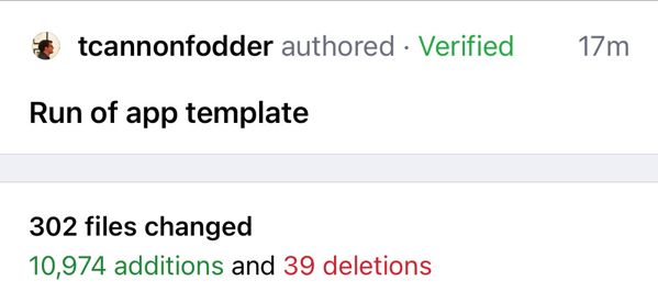A git commit message with the following details:
<p>Run of app template
302 files changed
10,974 additions and 39 deletions" width=“599” height=“276” border=“0” /></p></p>

      </div>
    </p>
  </div>

  <div class=