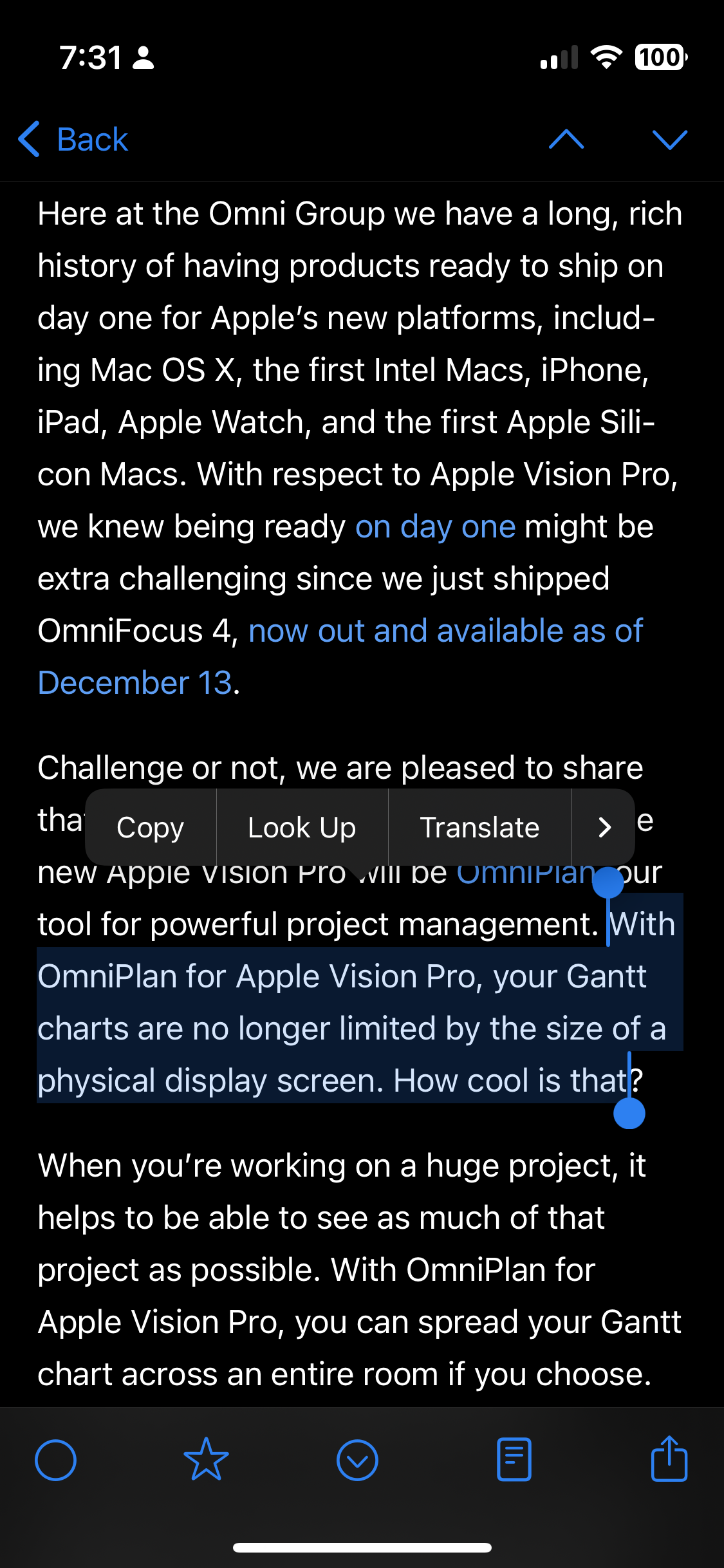 The following quote, highlighted: "With OmniPlan for Apple Vision Pro, your Gantt charts are no longer limited by the size of a physical display screen. How cool is that?"