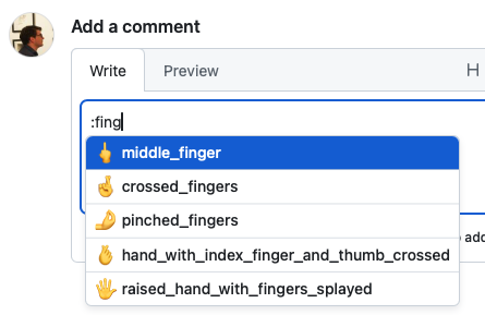 A photo of Github’s emoji autocompleter; where typing :finger returns the first result of a middle finger emoji
