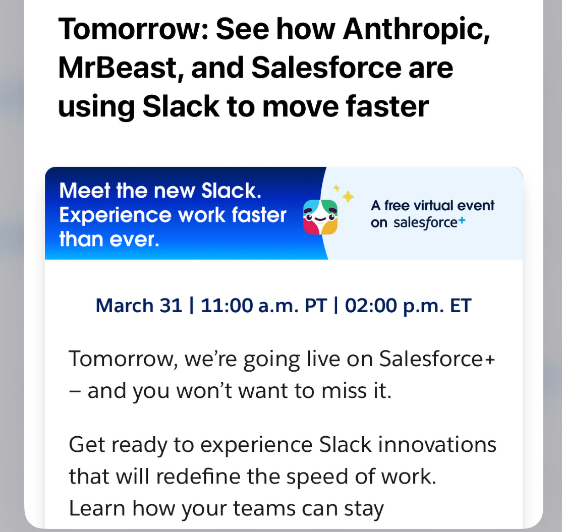 A marketing email from Slack for a Webinar, with the subject: “Tomorrow: See how Anthropic, MrBeast, and Salesforce are using Slack to move faster”