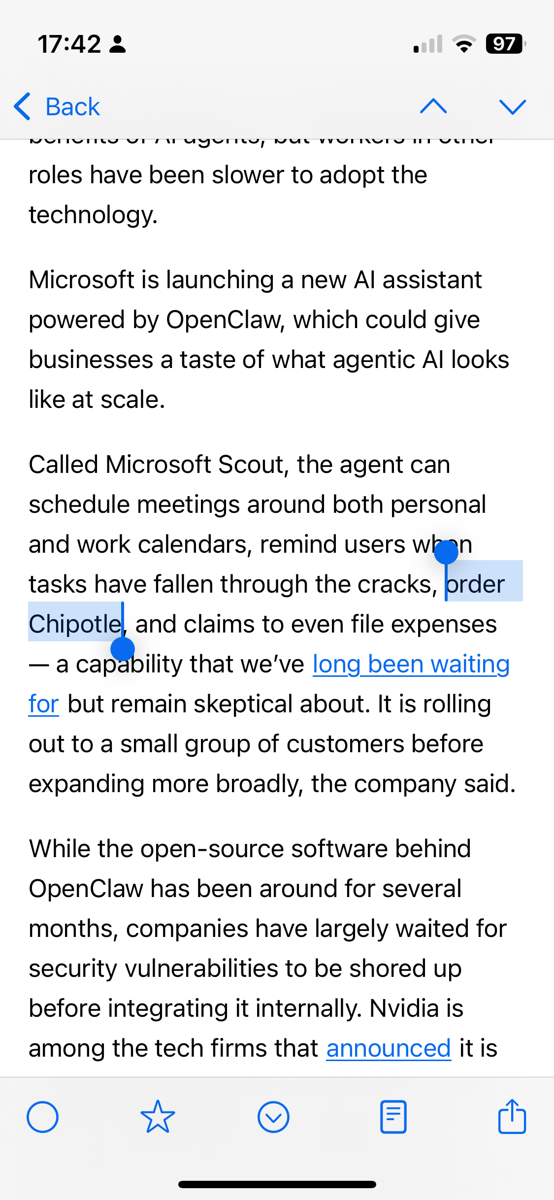 A screenshot from a news report:&10;&10;“Called Microsoft Scout, the agent can schedule meetings around both personal and work calendars, remind users when tasks have fallen through the cracks, order Chipotle”&10;