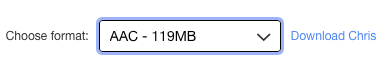 A bandcamp download dialog for an album in AAC format, 119MB. The link text: “Download Chris”