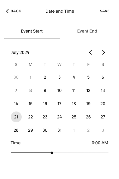 Screenshot of Squarespace's date and time picker user interface. Or particular note is the time picker, which is for some reason a slider rather than a text field or dropdown.