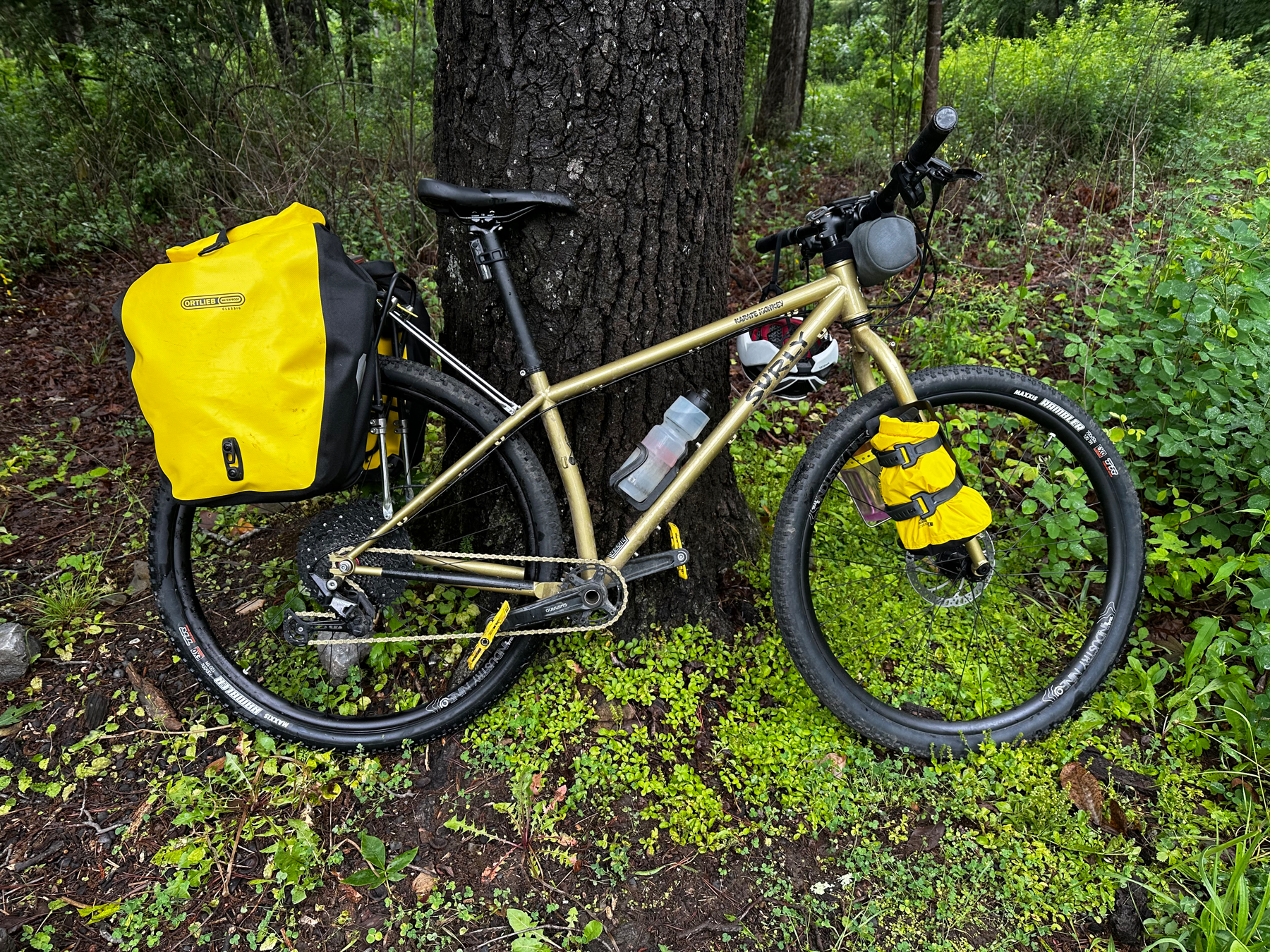 My bike, fully packed and ready to go, leaning up against a tree.