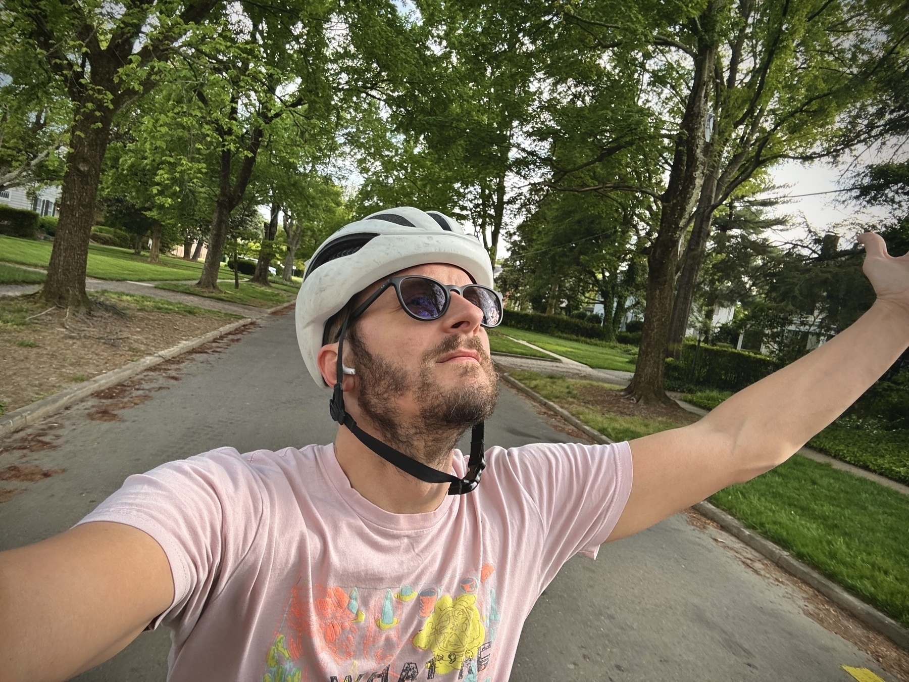 Just me riding a bike in a pink shirt doing a like “freeeedom!” sort of gesture. Or maybe like a “everything the light touches” situation?
