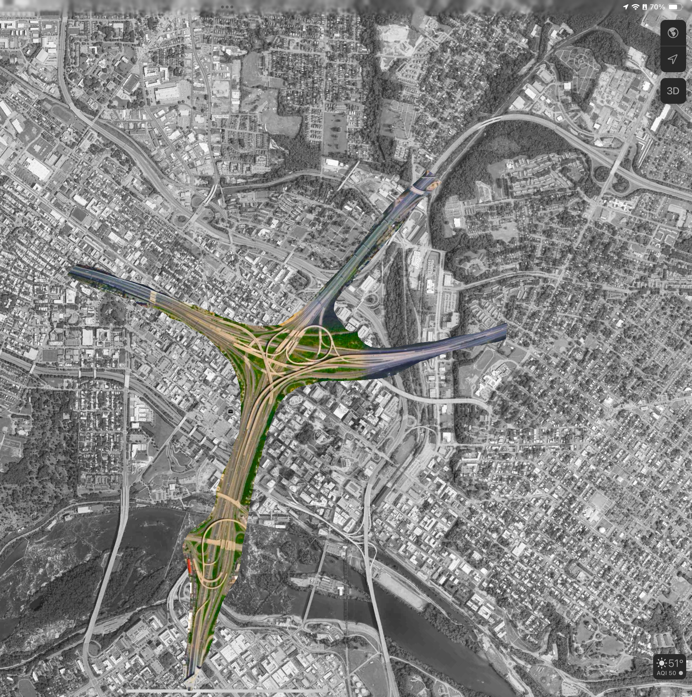 The Mixing Bowl, aka the Springfield Interchange, overlayed on downtown Richmond. It takes up an entire city’s downtown!