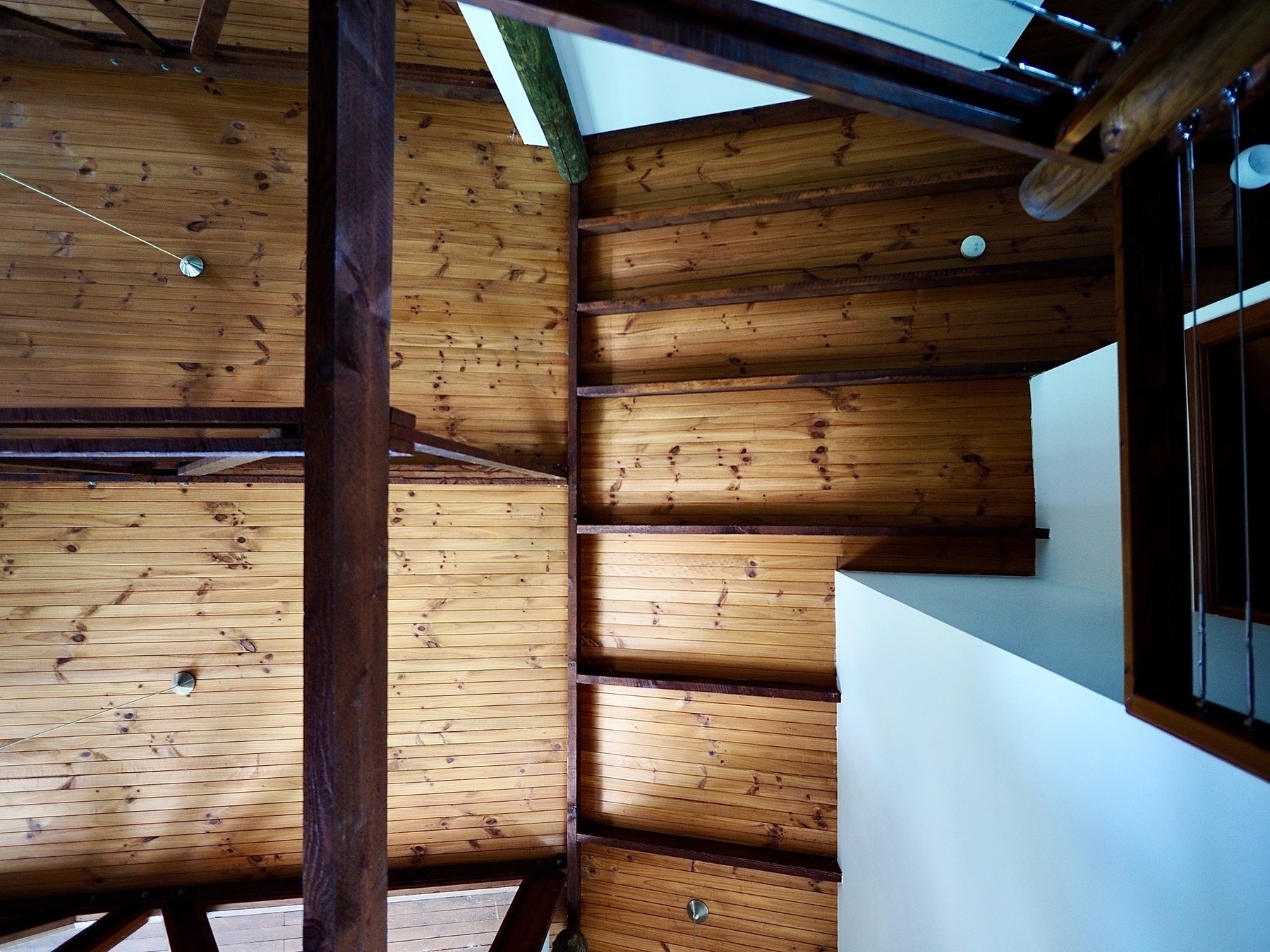 A view directly up at a timber ceiling, with dark supporting beams and white walls