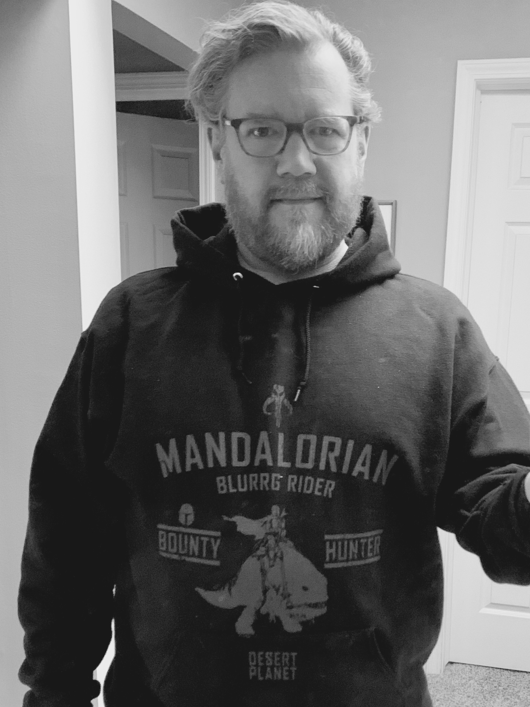 Selfie of me wearing a Mandalorian sweatshirt