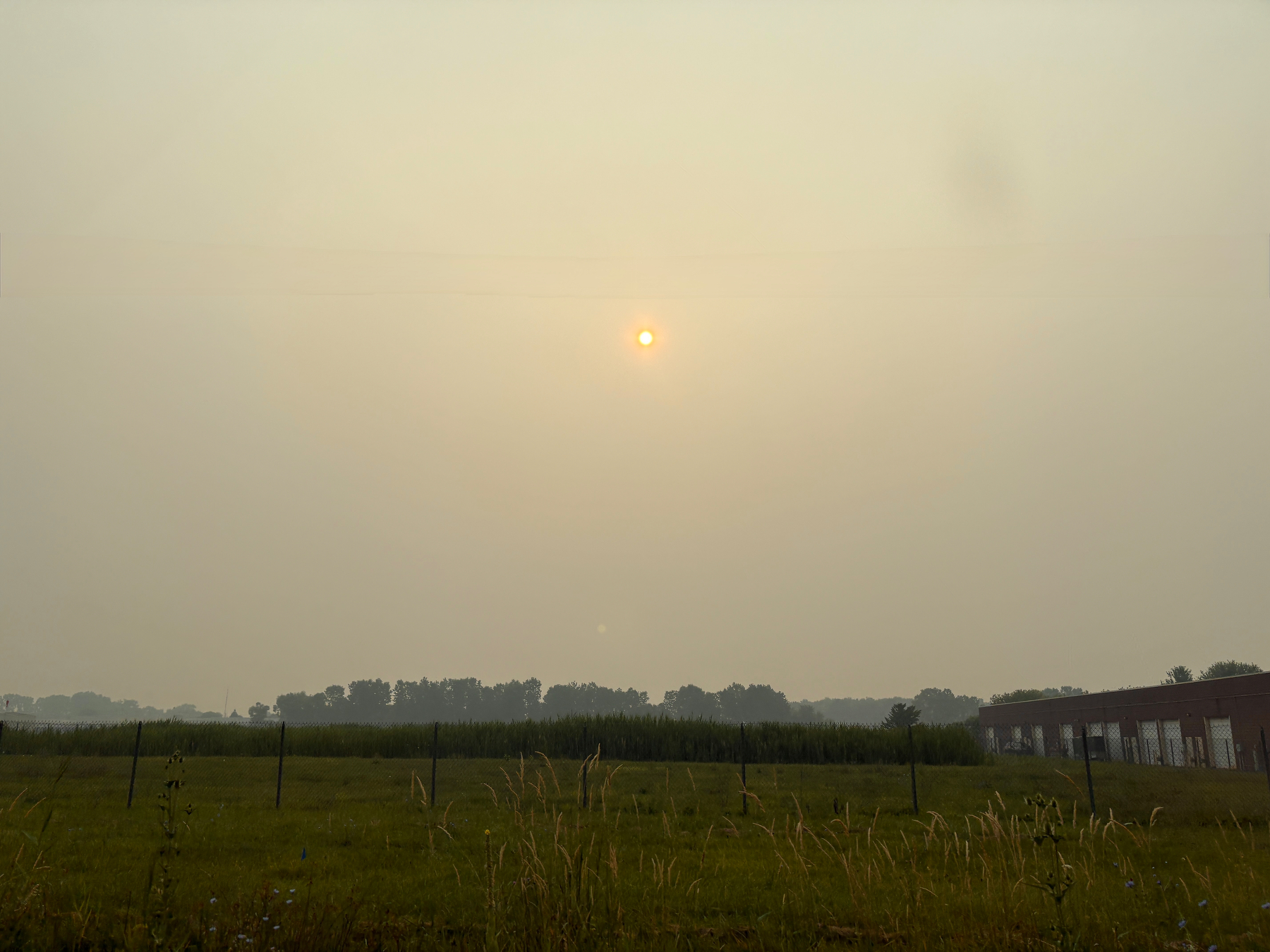 A hazy sky with the sun partially visible above a grassy field and distant tree line near a building.